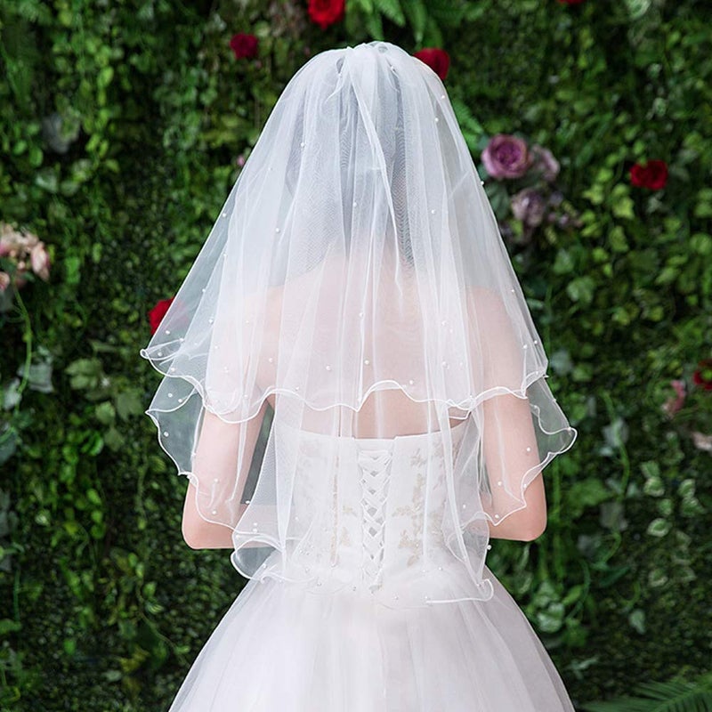 Korty Wedding Veil,White Bridal Veil with Comb, 3 Tier Ribbon Edge with Pearl Center Cascade for Bachelorette Party(White-3 Tier) - Image 4